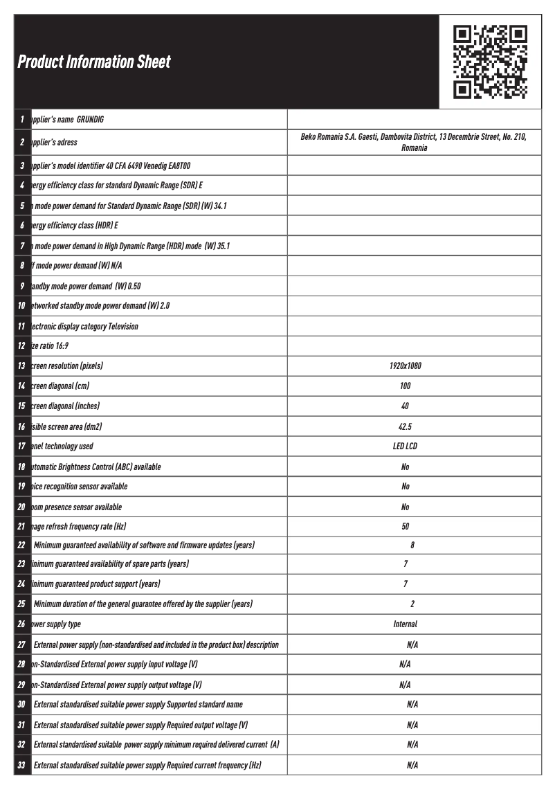 Page 1 de la notice Fiche technique Grundig 40 CFA 6490 Venedig