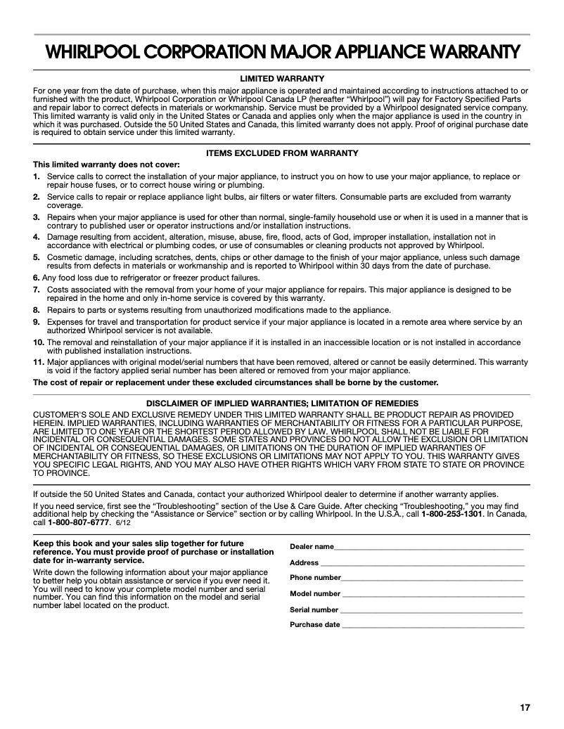 Página 1 del manual Información de garantía Whirlpool UXD8630DYS