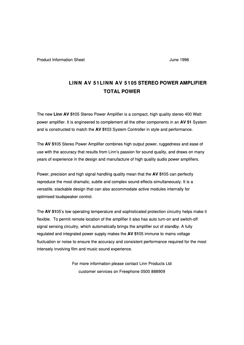 Page 1 de la notice Fiche technique Linn AV 5105
