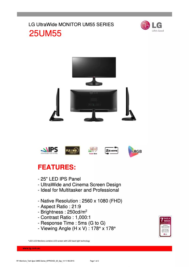 Página 1 del manual Ficha técnica LG 25UM55-P