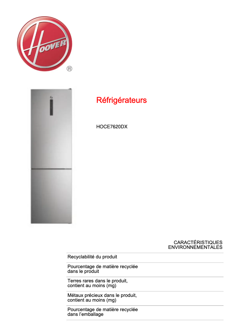 Page n°1 - Fiche technique Hoover HOCE7620DX
