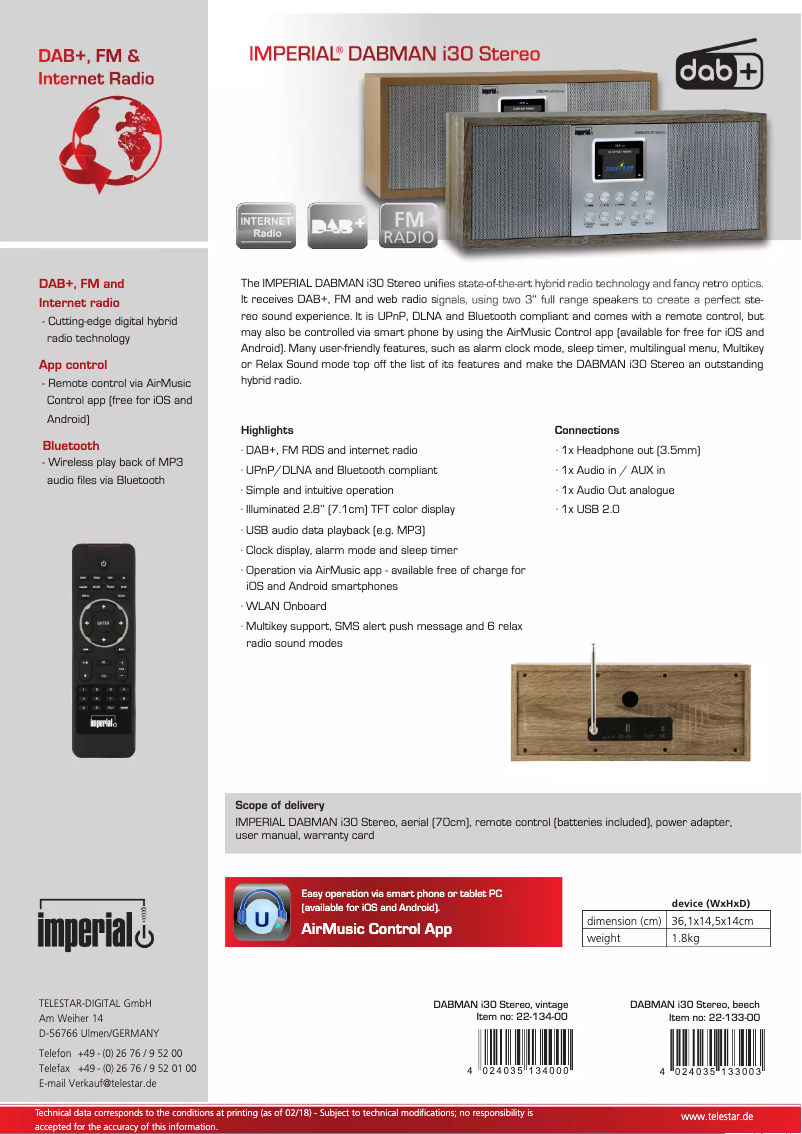 Page 1 de la notice Fiche technique Imperial DABMAN i30 Stereo