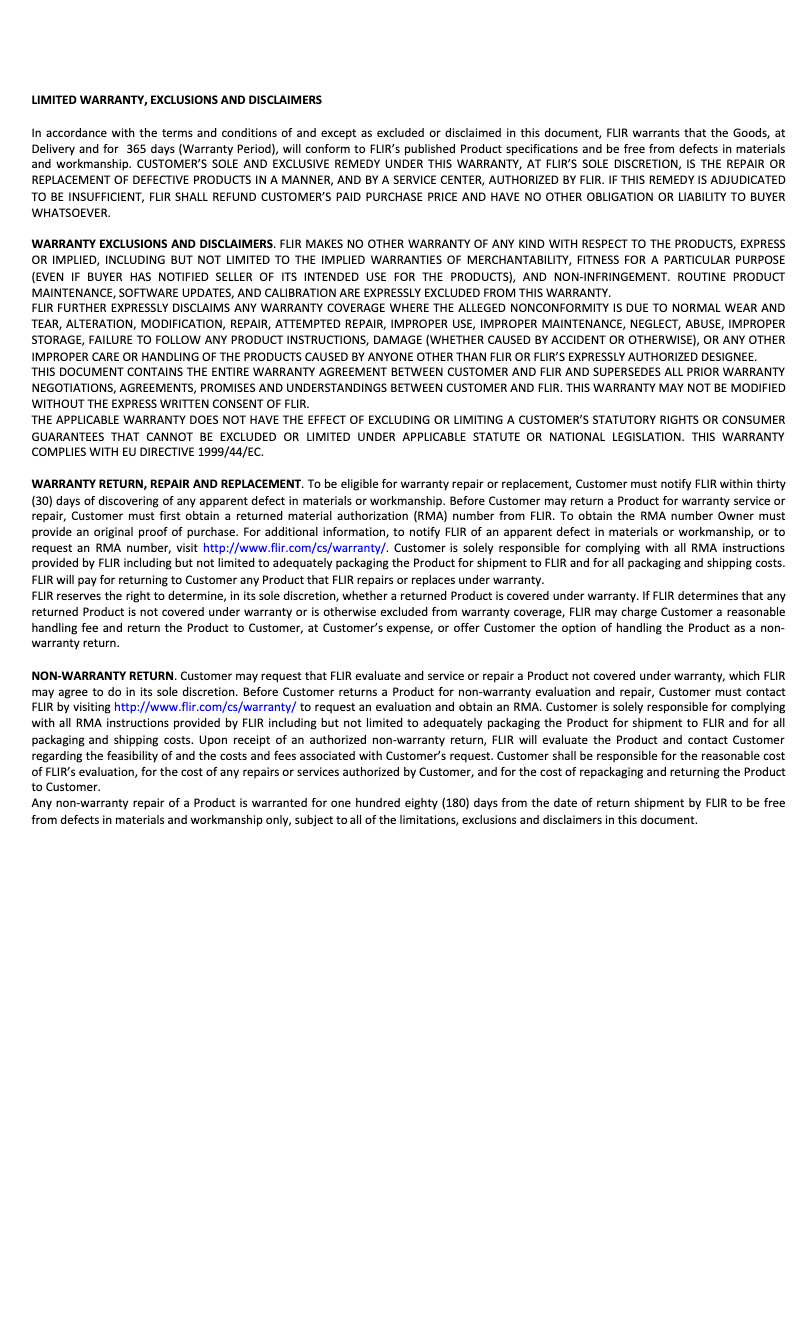 Page 1 de la notice Informations de garantie FLIR Tau 2