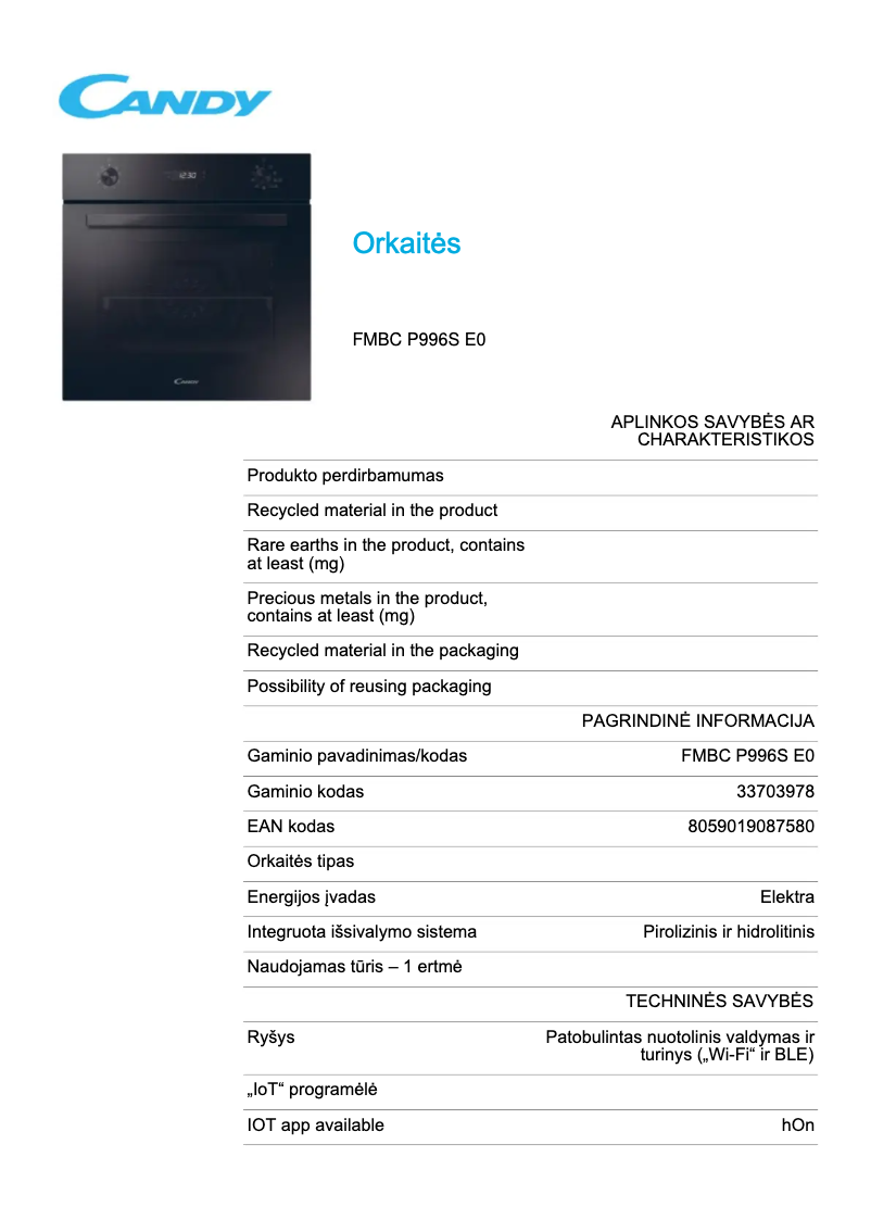 Page n°1 - Fiche technique Candy FMBC P996S E0