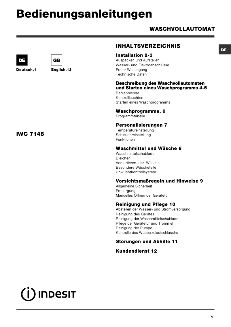 Page 1 de la notice Manuel utilisateur Indesit IWC 7148