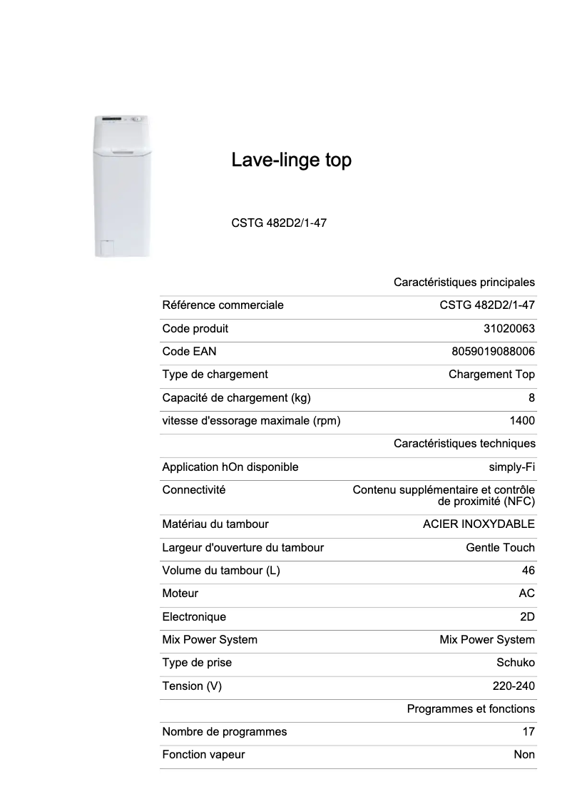 Page 1 de la notice Fiche technique Candy CSTG 482D2/1-47