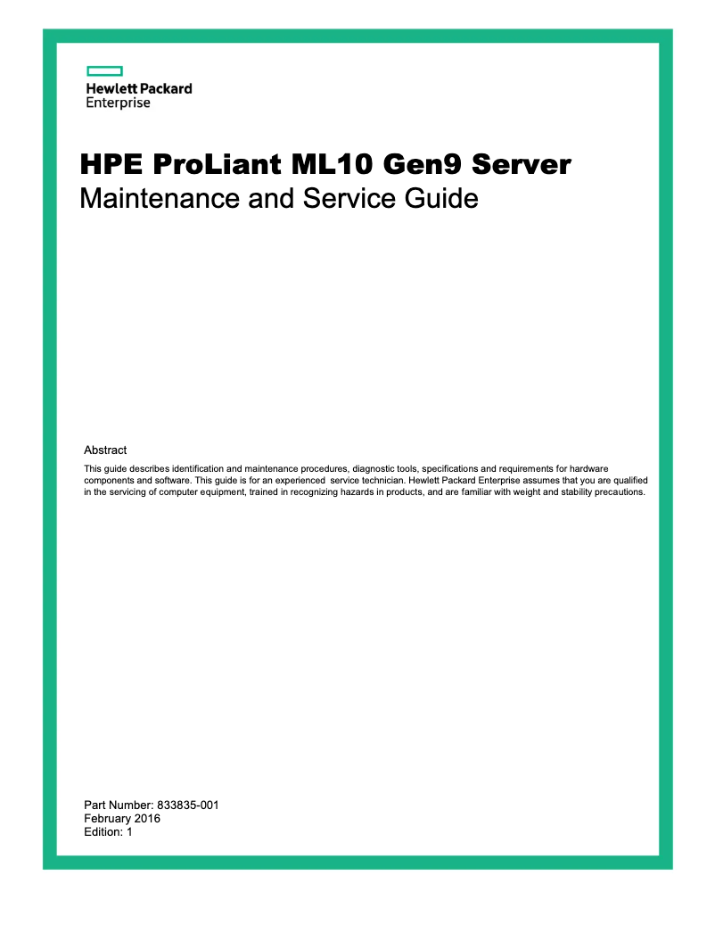 Page n°1 - Manuel utilisateur HP ProLiant ML10 G9