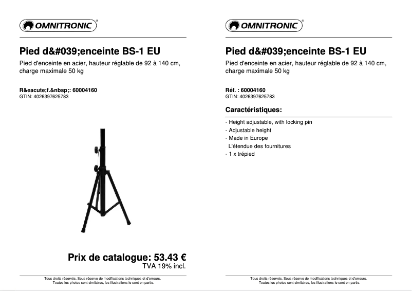 Page 1 de la notice Fiche technique Omnitronic BS-1 EU