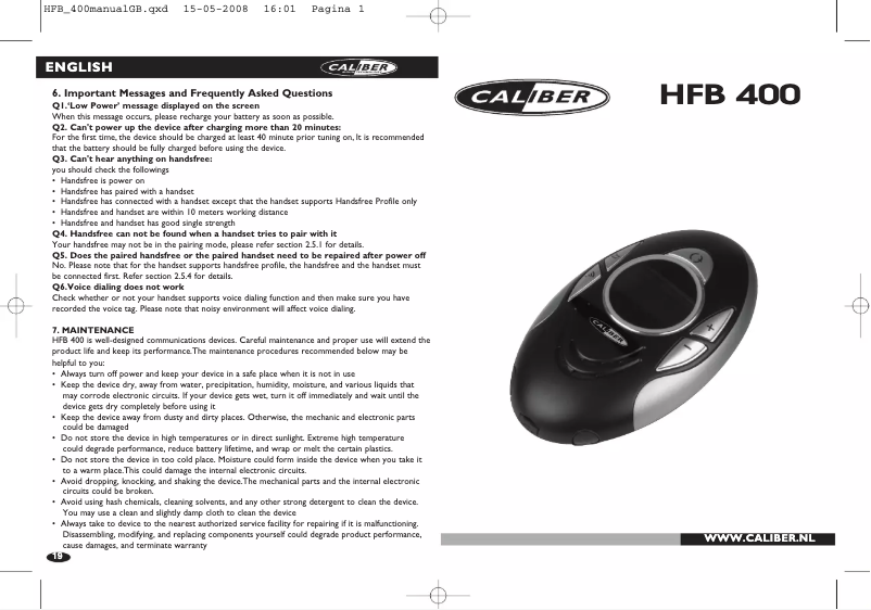 Page n°1 - Manuel utilisateur Caliber HFB 400