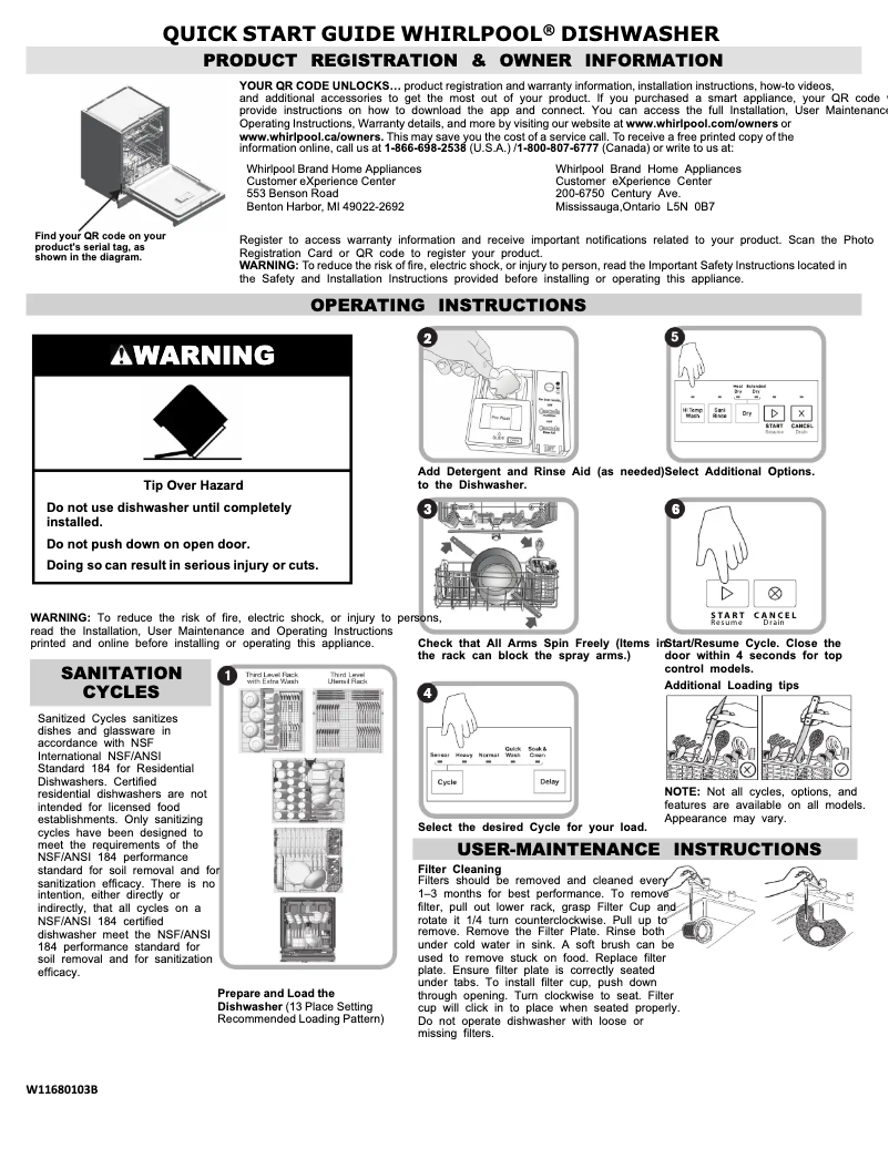 Page 1 de la notice Guide de démarrage rapide Whirlpool WDTA80SAKZ