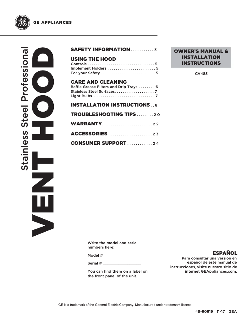 Page 1 de la notice Manuel utilisateur GE CV48SSLSS