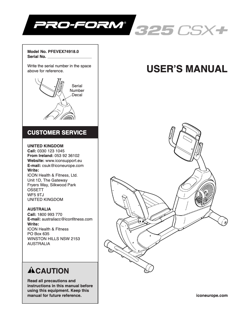 Page n°1 - Manuel utilisateur ProForm 325 CSX +