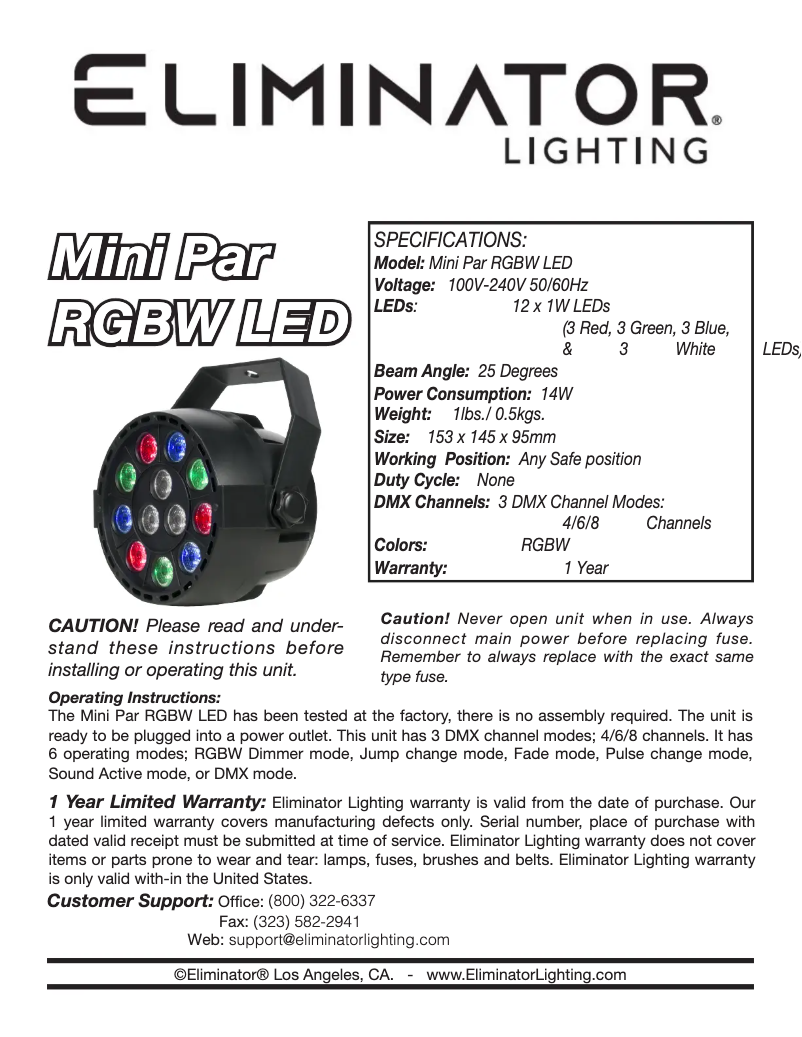 Page n°1 - Manuel utilisateur Eliminator Lighting Mini Par RGBW LED