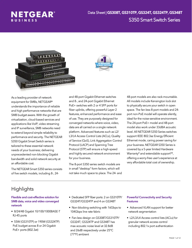 Page n°1 - Fiche technique Netgear GS310TP