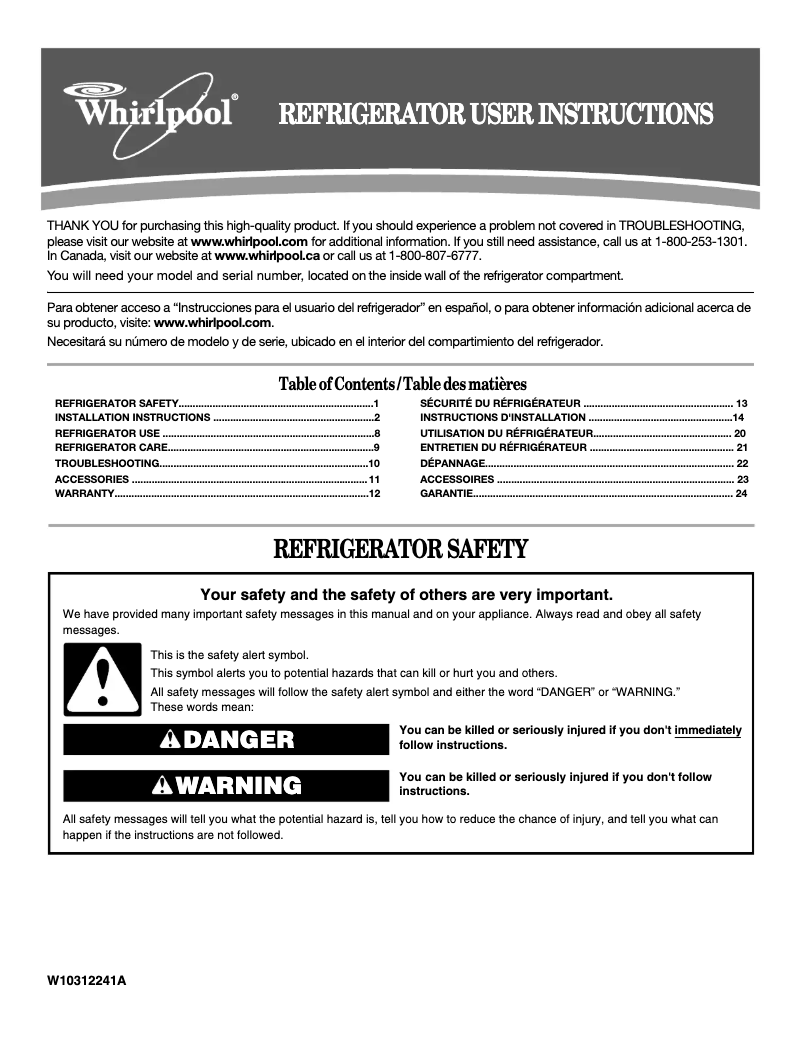 Page 1 de la notice Manuel utilisateur Whirlpool W1TXNMFWQ