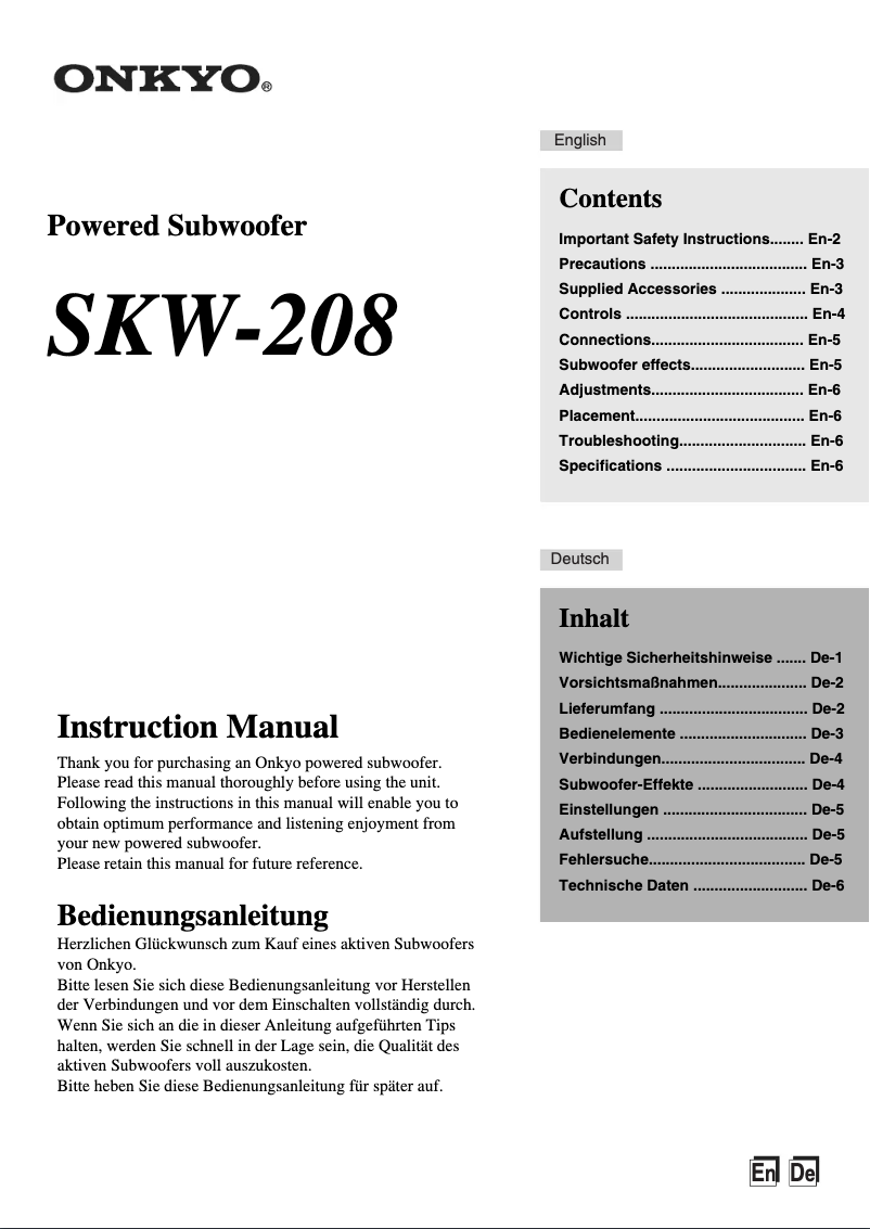 Page 1 de la notice Manuel utilisateur Onkyo SKW-208