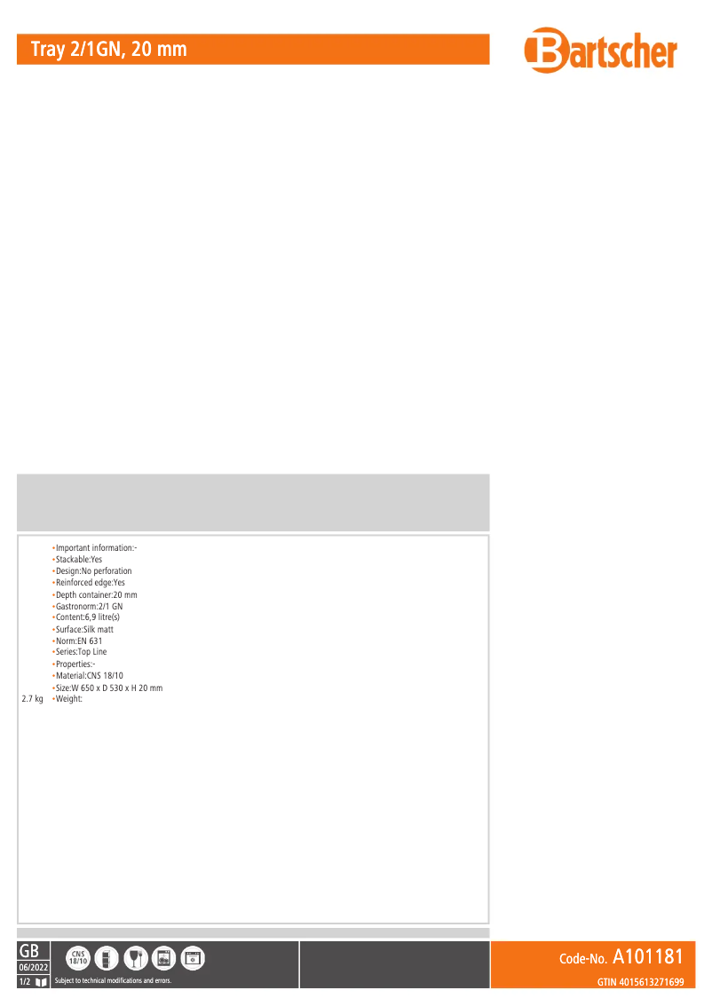Page n°1 - Fiche technique Bartscher 2952291