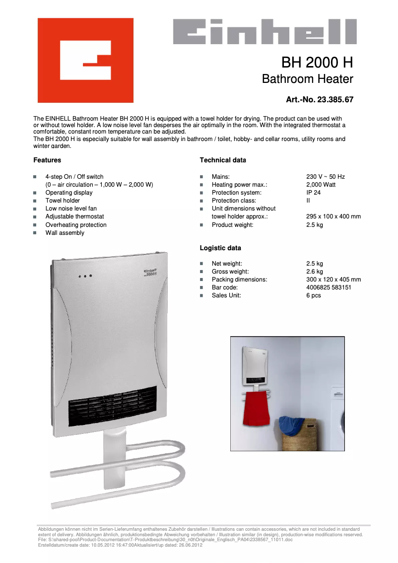 Page n°1 - Fiche technique Einhell BH 2000 H