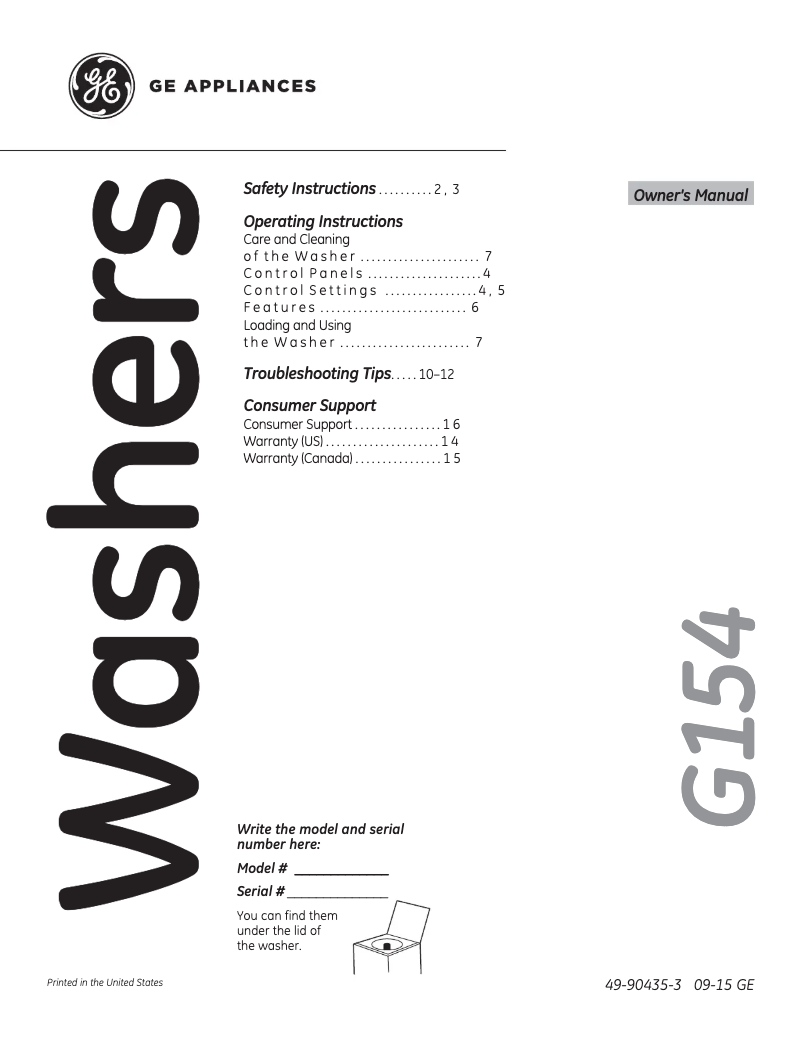 Page 1 de la notice Manuel d'utilisation et d'entretien GE GLWN2800DWS