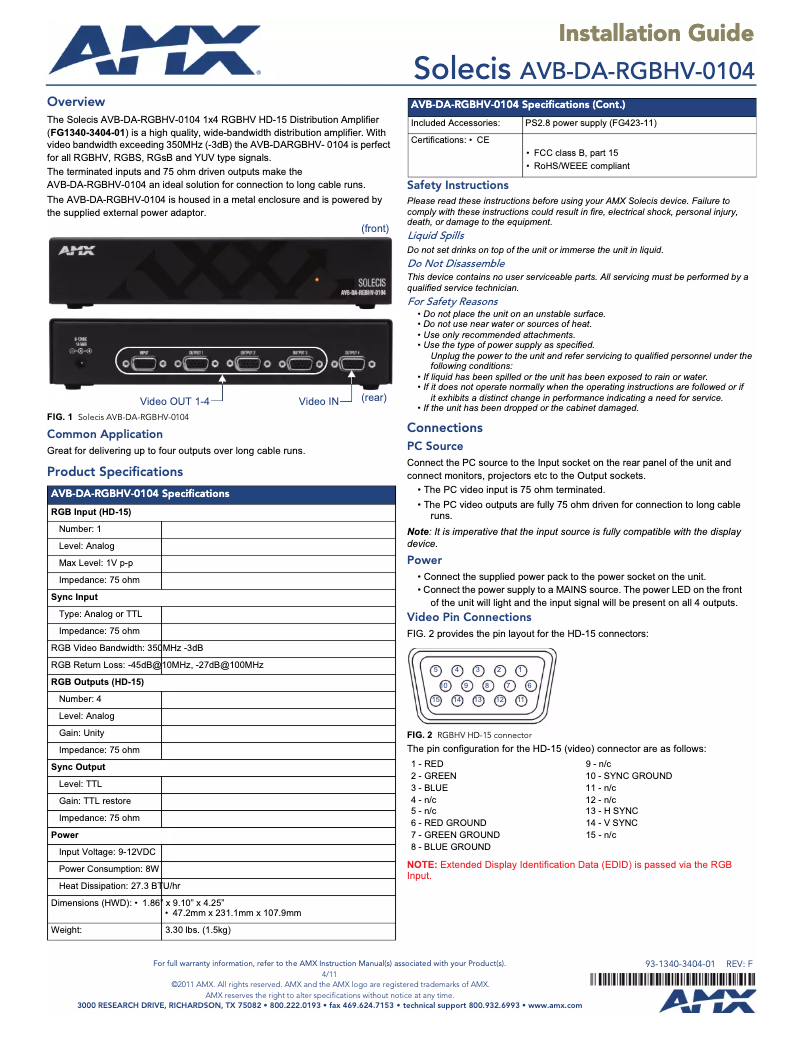 Page n°1 - Manuel utilisateur AMX AVB-DA-RGBHV-0104