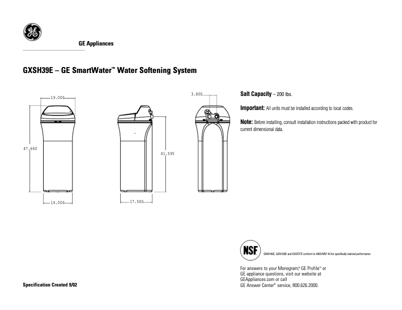 Page 1 of the manual Technical Sheet GE GXSH39E