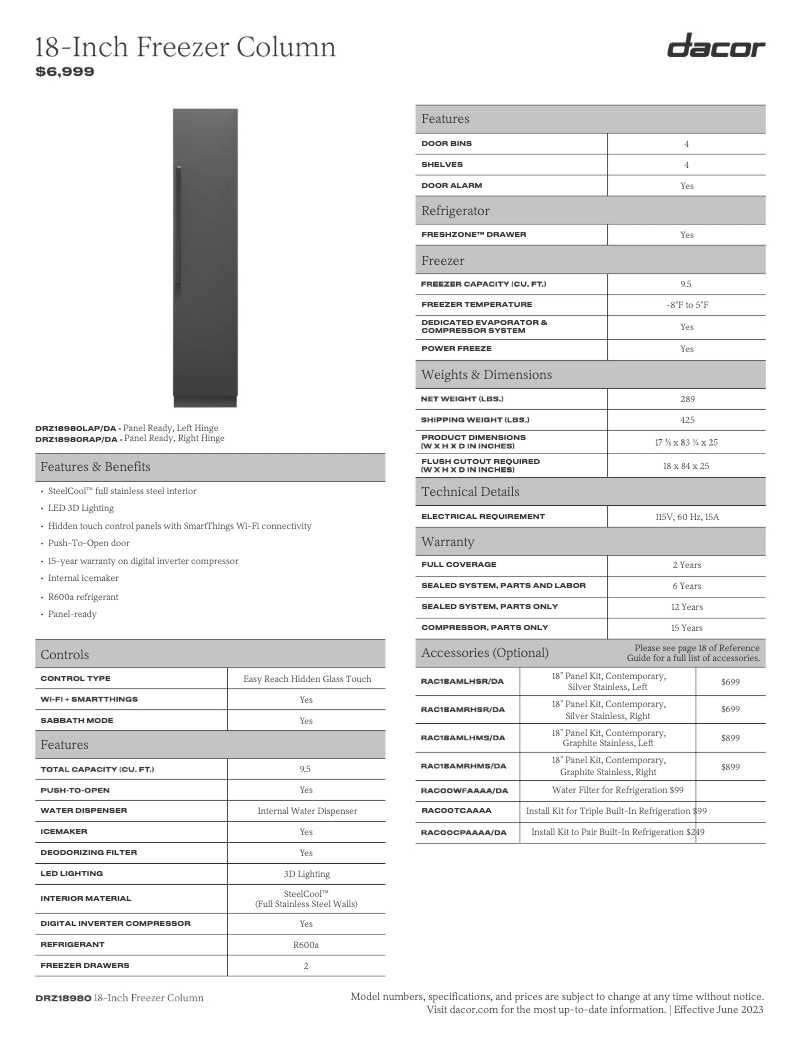 Page n°1 - Fiche technique Dacor RAC18AMLHSR