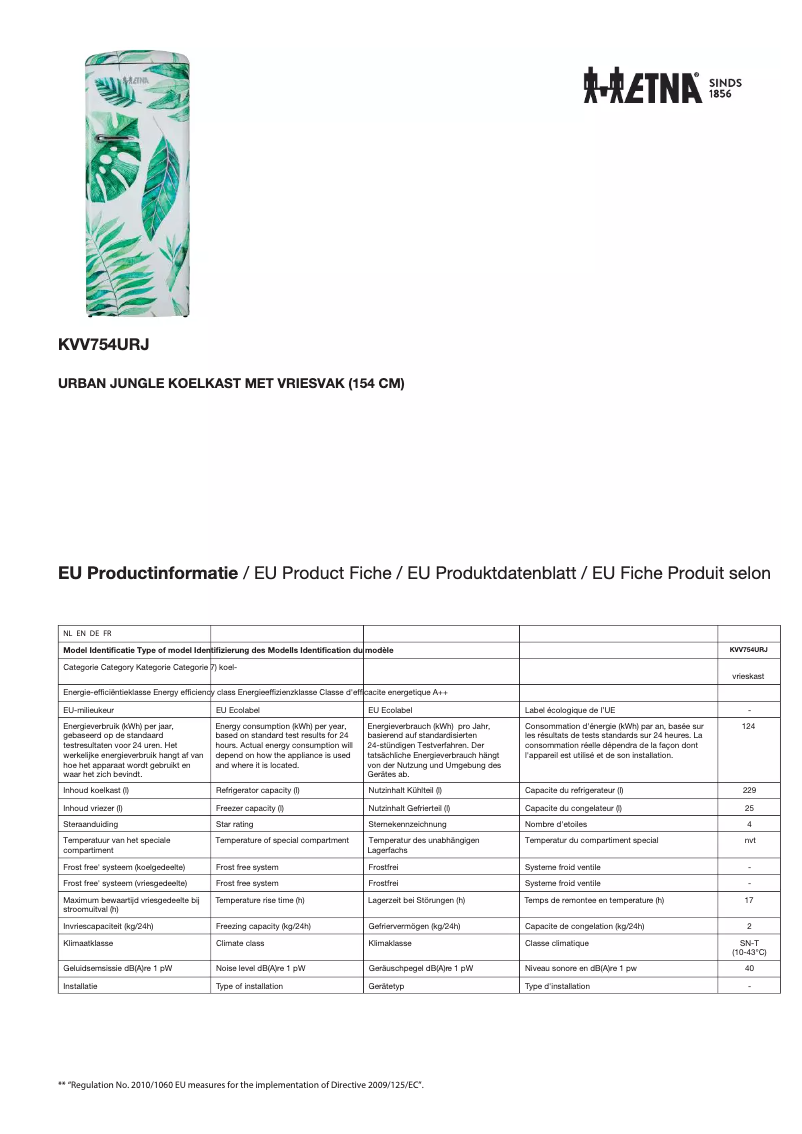 Page 1 de la notice Fiche technique Etna KVV754URJ
