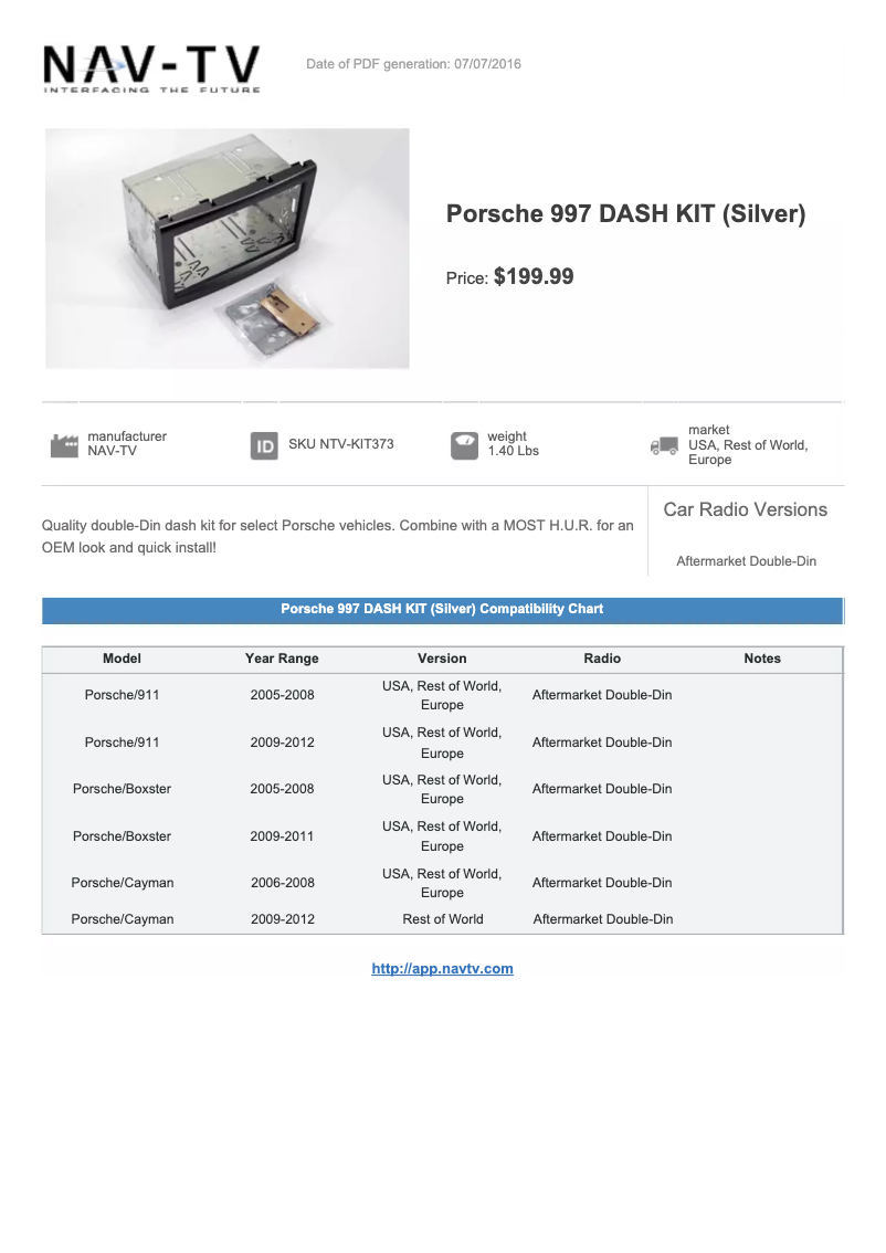 Image de la première page du manuel de l'appareil Dash Kit NTV-KIT373