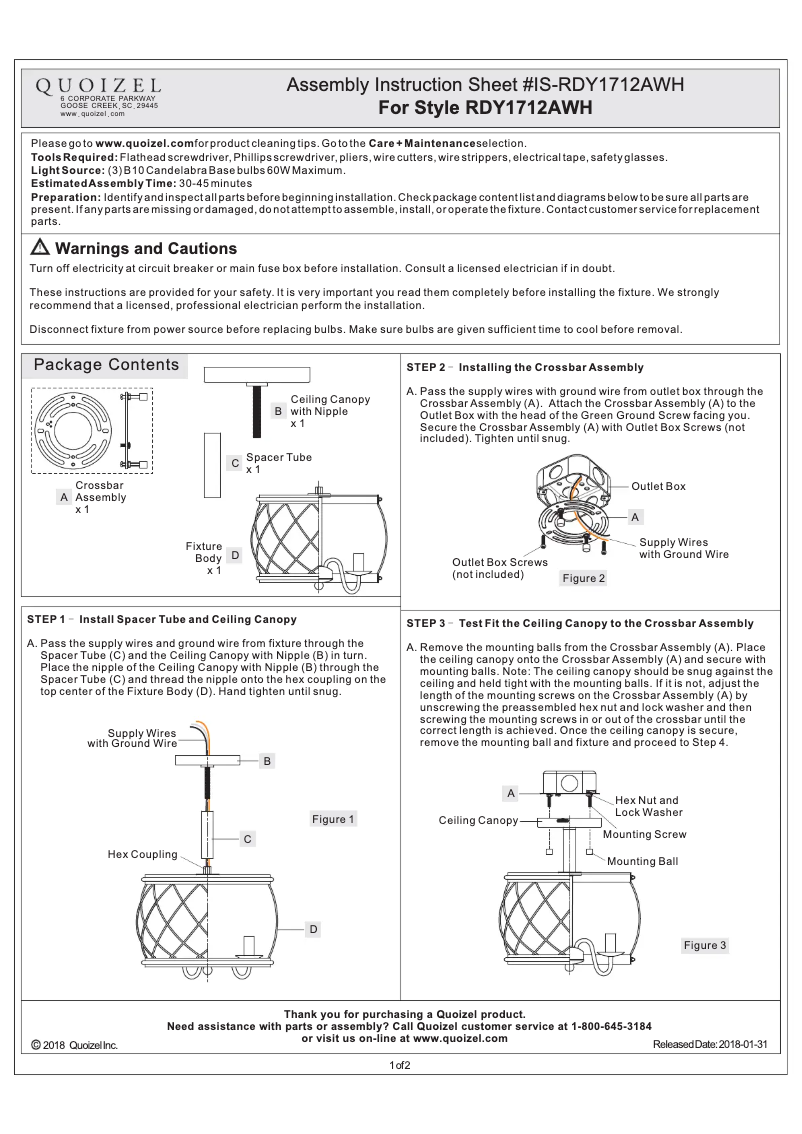 Page n°1 - Manuel utilisateur Quoizel Dury RDY1712AWH