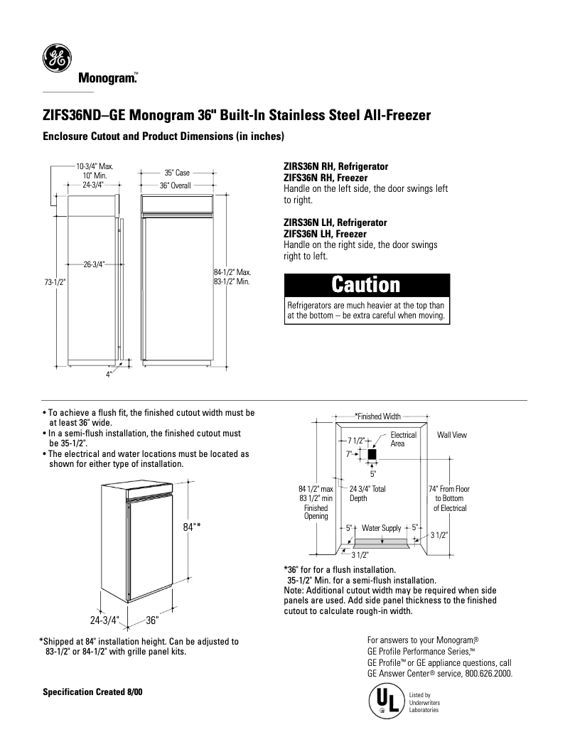 Page n°1 - Fiche technique GE ZIFS36NDLH