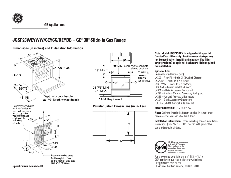 Page n°1 - Fiche technique GE JGSP23BEYBB