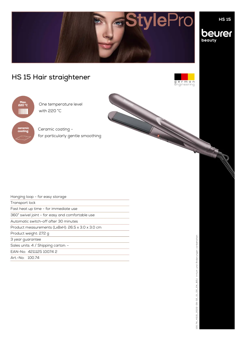 Page 1 de la notice Fiche technique Beurer HS 15