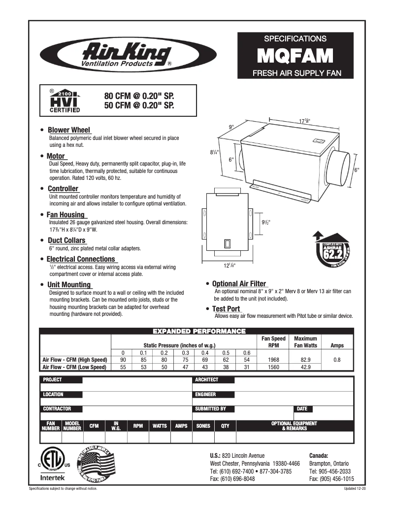 Page 1 de la notice Fiche technique Air King MQFAM