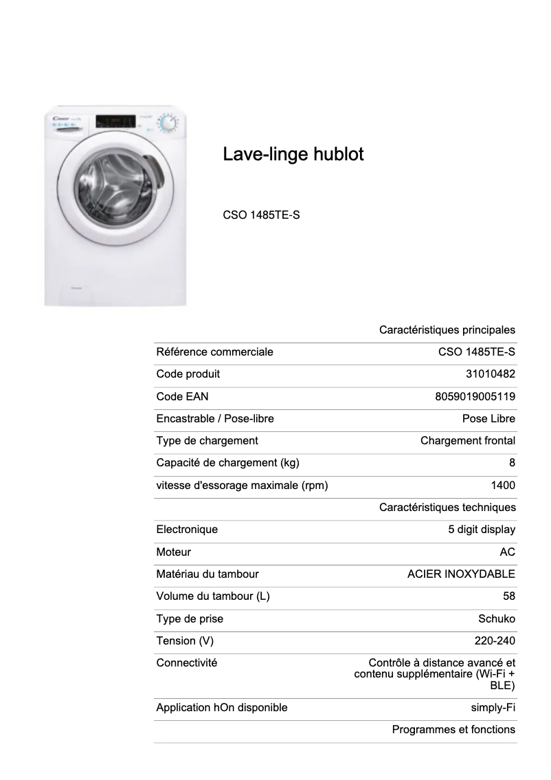 Page 1 de la notice Fiche technique Candy CSO 1485TE-S