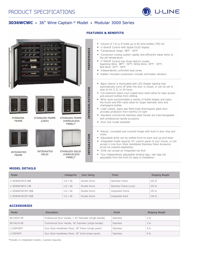 Page n°1 - Fiche technique U-Line U-3036WCWCINT-00B