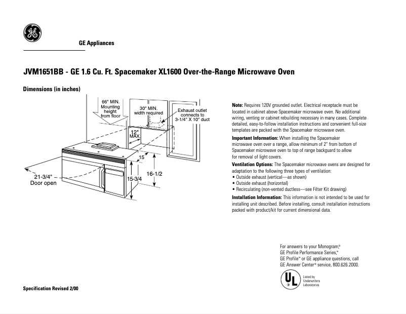 Page 1 de la notice Fiche technique GE JVM1651BB