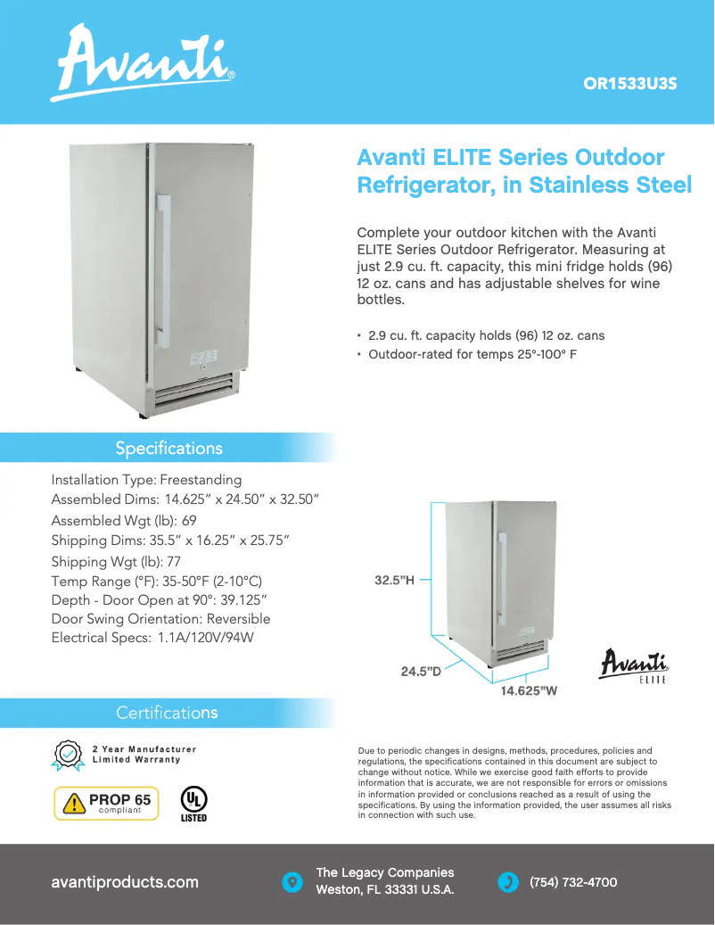 Page 1 de la notice Fiche technique Avanti OR1533U3S