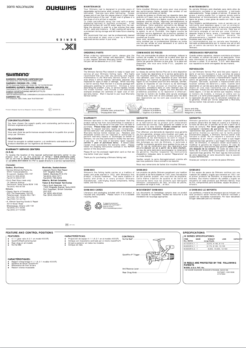 Page 1 de la notice Manuel utilisateur Shimano IX 2000R