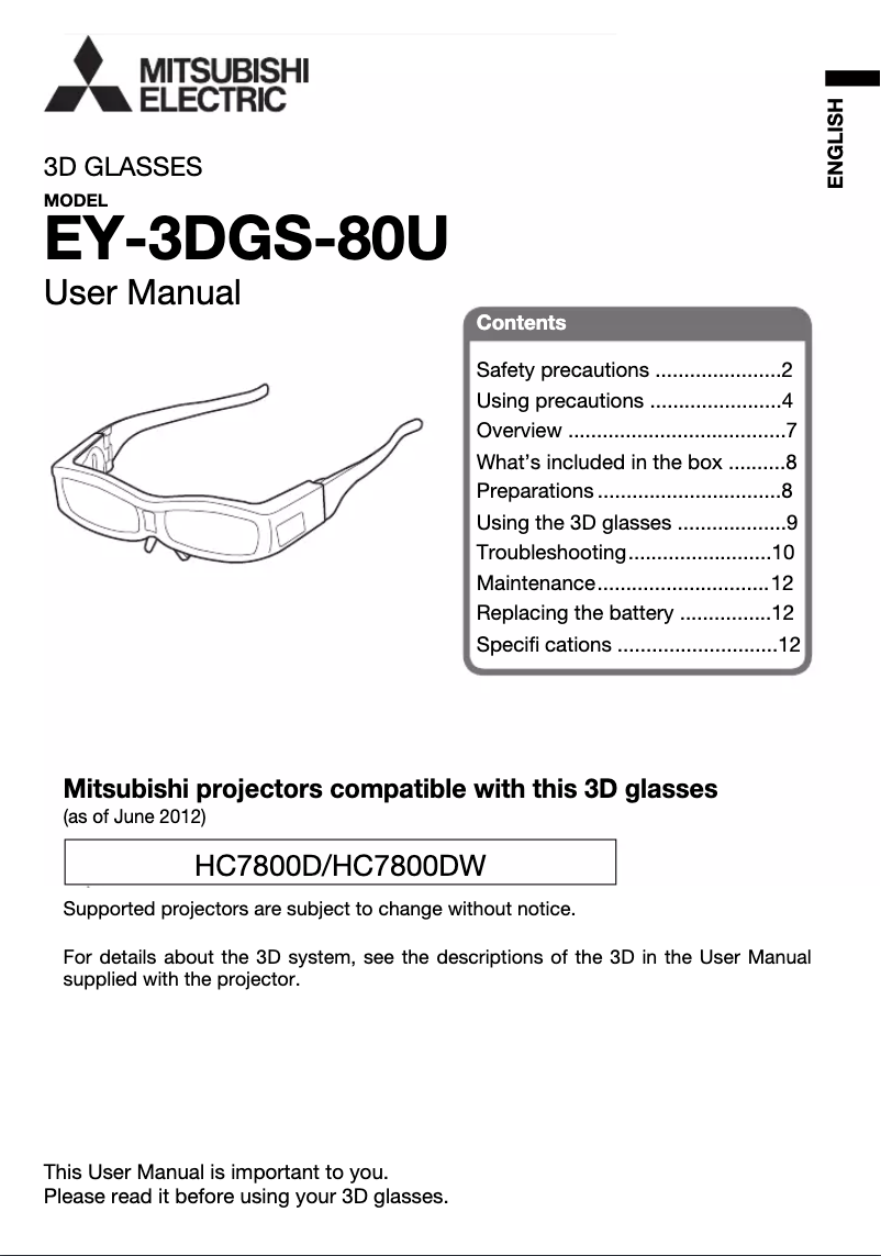 Page 1 de la notice Manuel utilisateur Mitsubishi EY-3DGS-80U