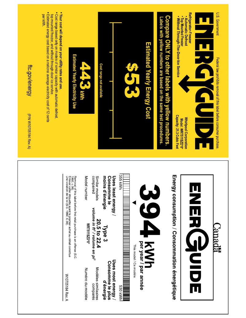 Page 1 de la notice Label énergétique Whirlpool WRT511SZDM