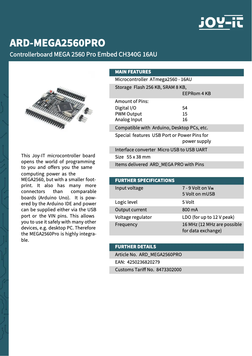 Page 1 of the manual Technical Sheet Joy-It ARD_MEGA2560PRO