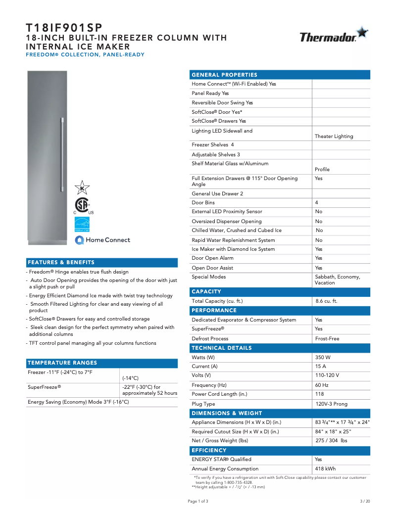 Page 1 de la notice Fiche technique Thermador T18IF901SP