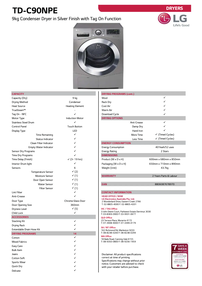 Page 1 de la notice Fiche technique LG TD-C90NPE