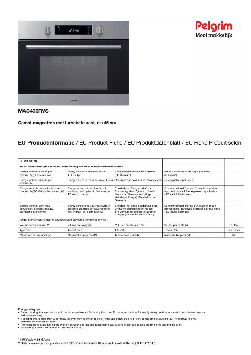 Page n°1 - Fiche technique Pelgrim MAC496RVS