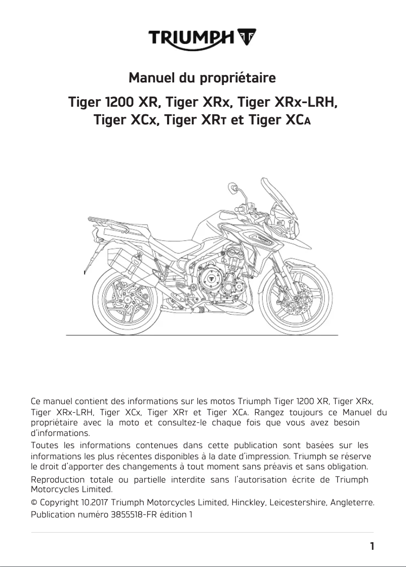 Page 1 de la notice Manuel utilisateur Triumph Tiger 1200 XR