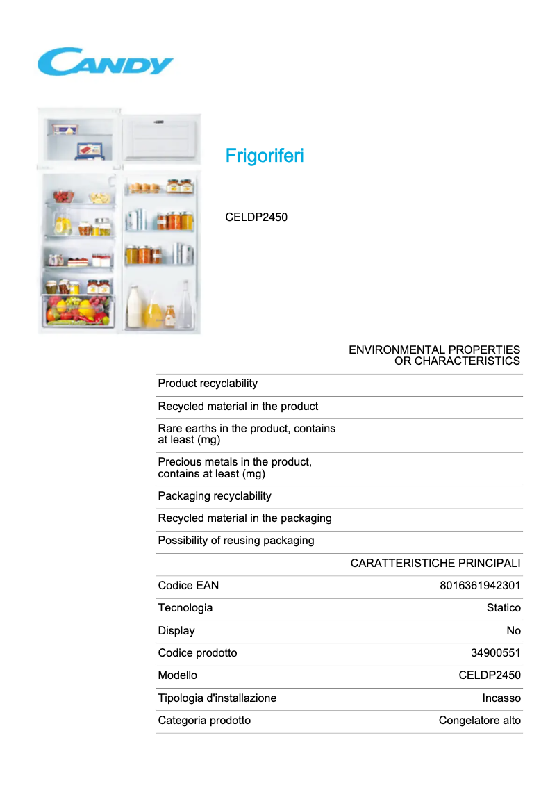 Page 1 de la notice Fiche technique Candy CELDP2450