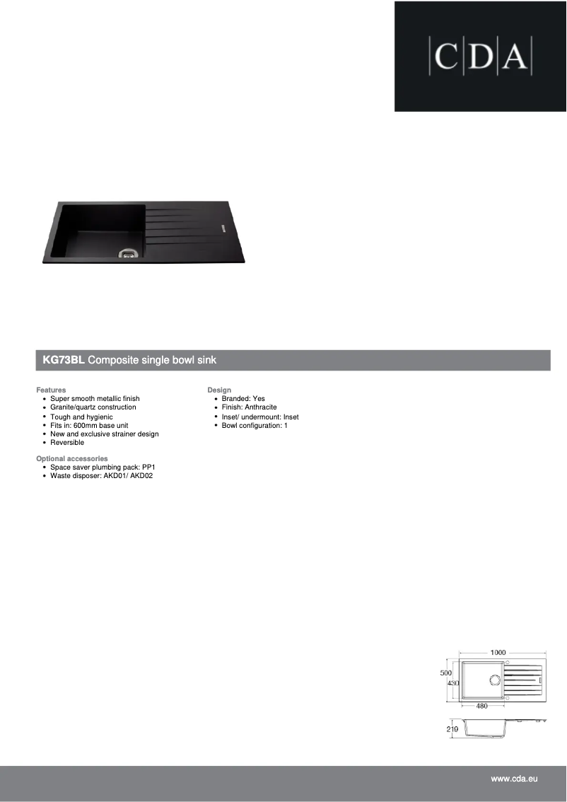 Page 1 of the manual Technical Sheet CDA KG73BL