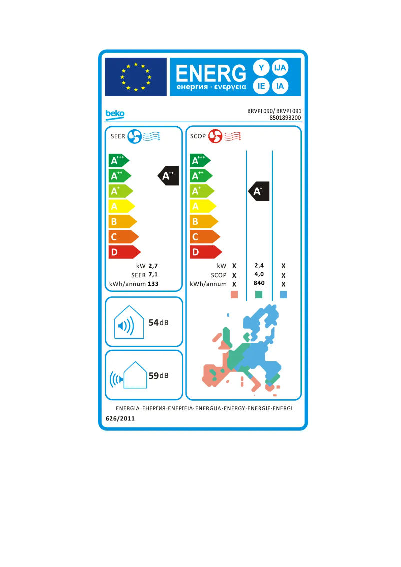 Page 1 de la notice Label énergétique Beko BRVPI 090