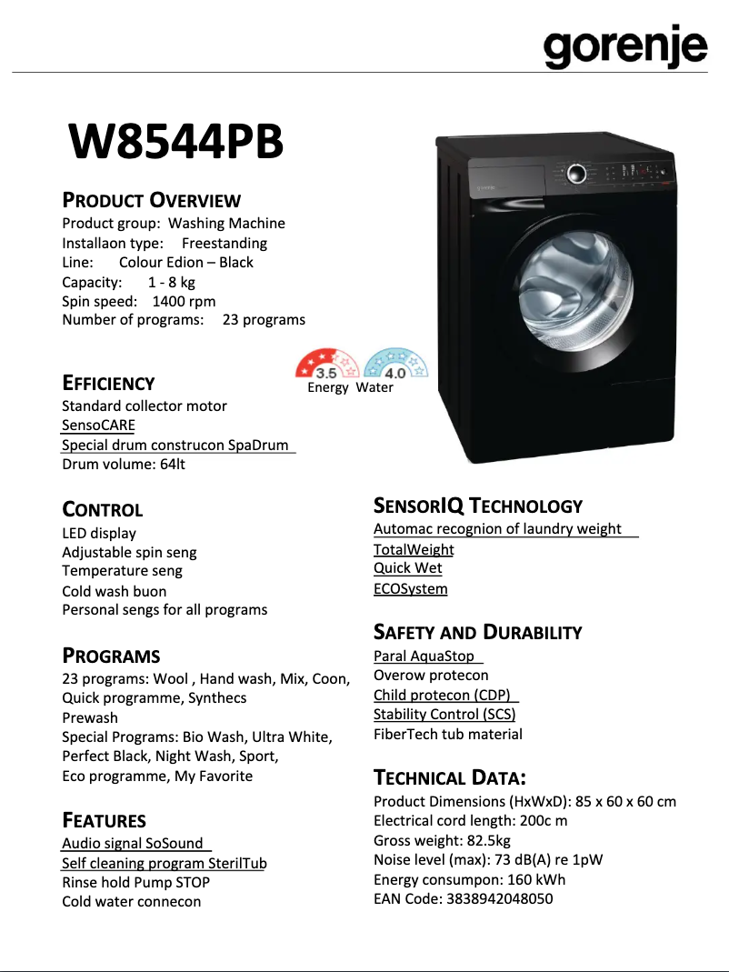 Page n°1 - Fiche technique Gorenje W8544PB