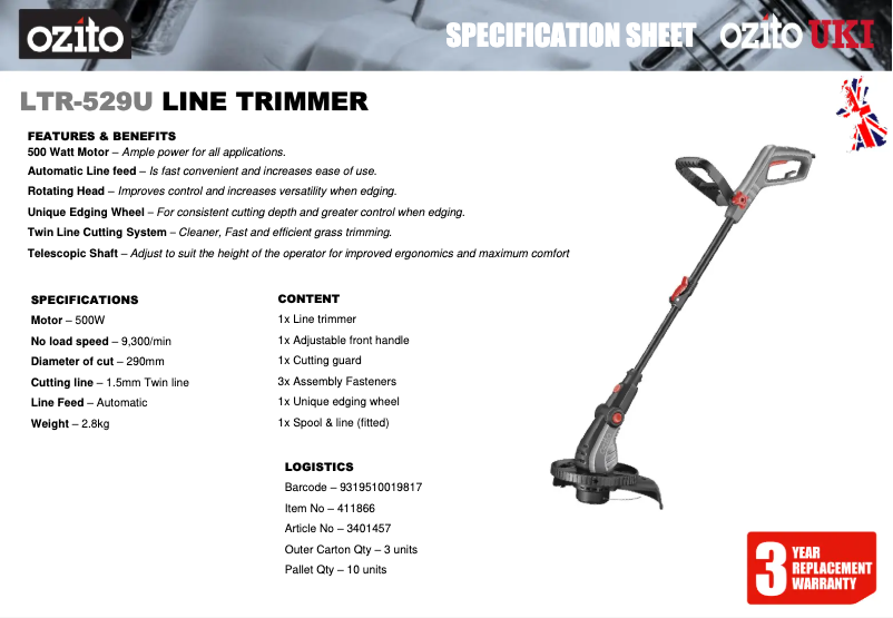 Page 1 de la notice Fiche technique Ozito LTR-529U